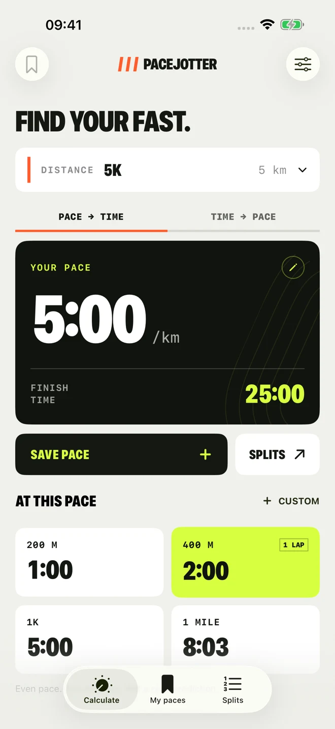 PaceJotter calculator: a 5K at 5 minutes per kilometre takes 25 minutes.