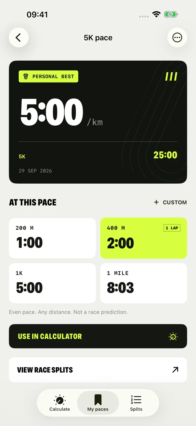 A saved 5K pace with 200-metre, 400-metre, kilometre, and mile times.